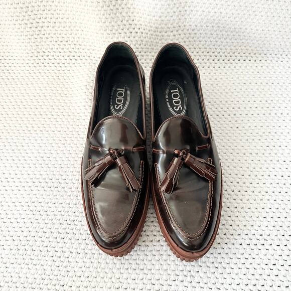 Tod's Two Tone Glossed Brown Black Almond Tassel Platform Creeper Loafers 41.5 - Picture 4 of 10